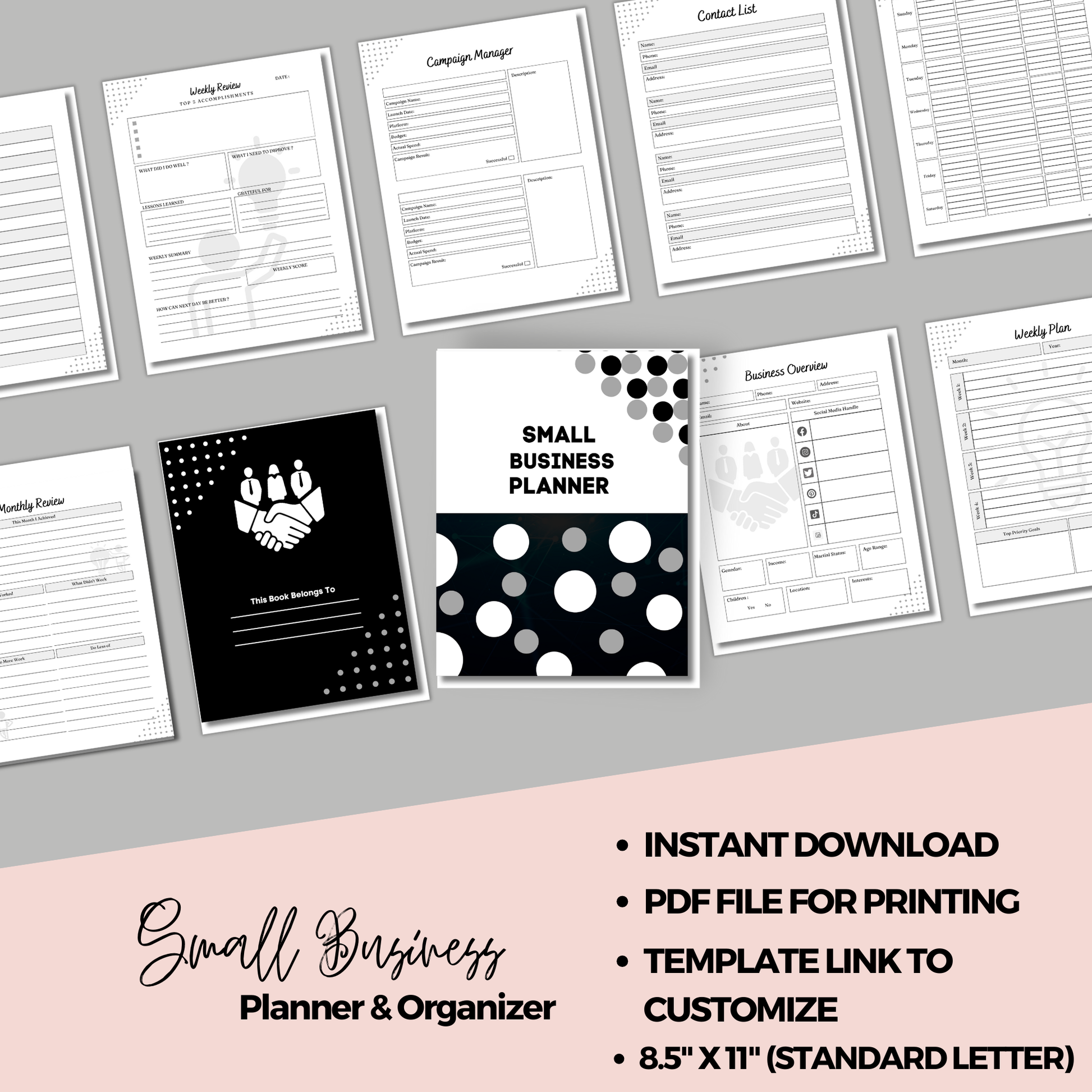 Small Business Planner with various pages on a gray background