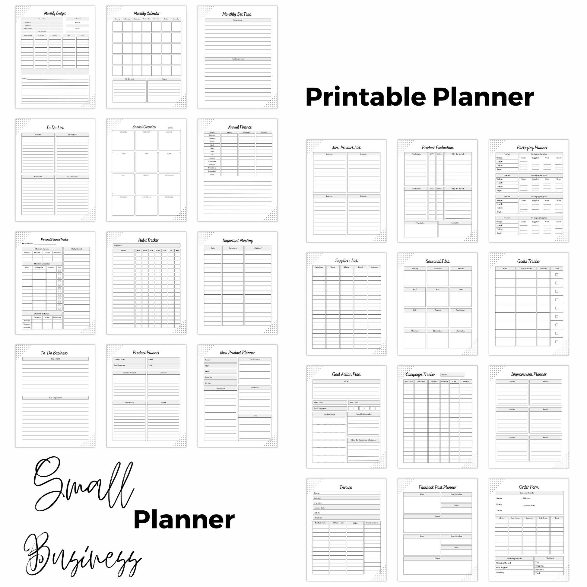 Collection of printable planner pages with various sections on a white background.
