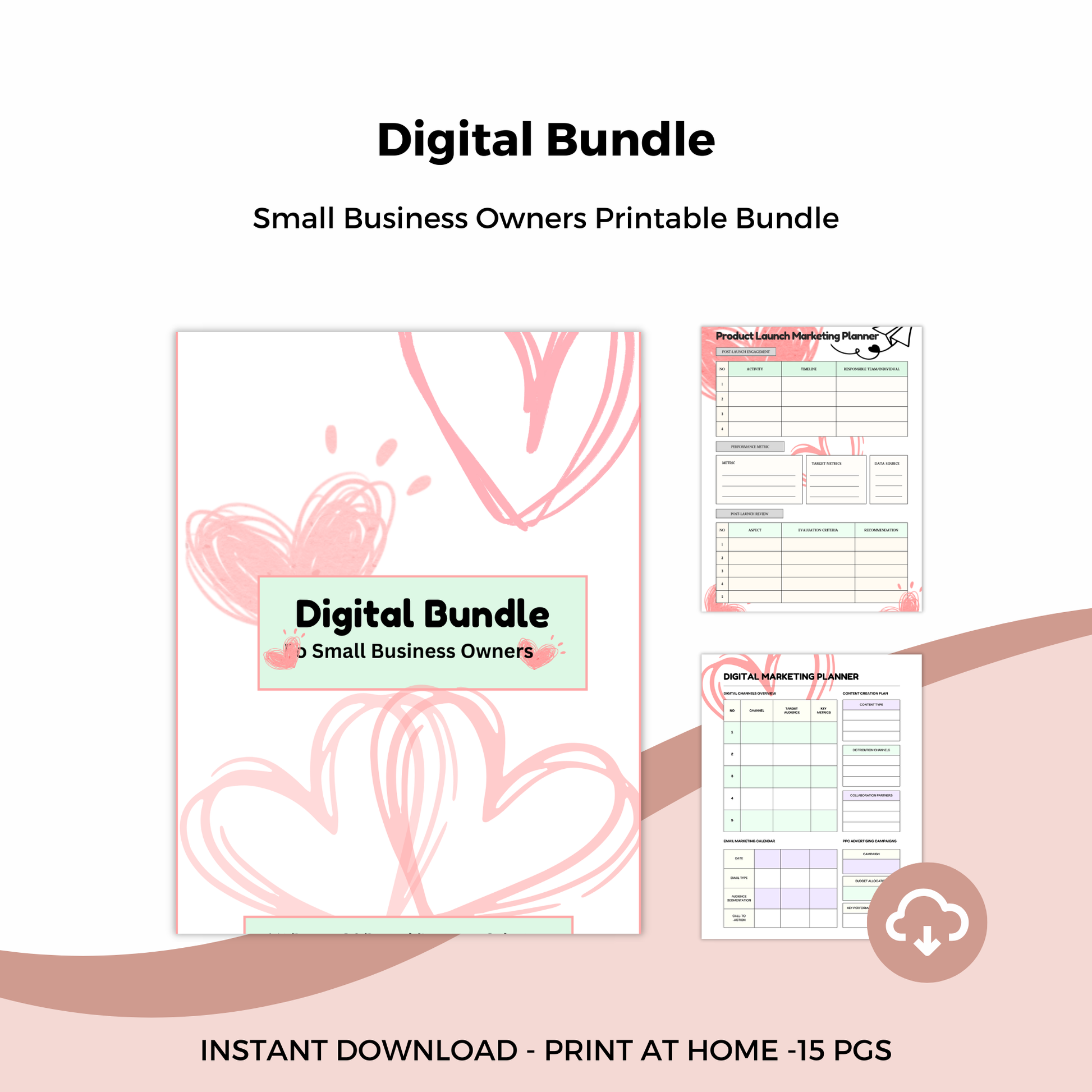Digital bundle for small business owners with a pink heart design on a white background
