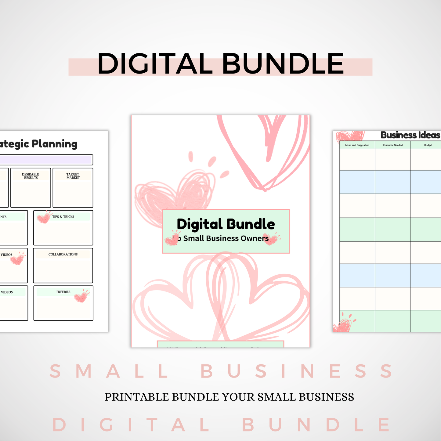 Digital bundle for small business owners with heart designs and planning tools.