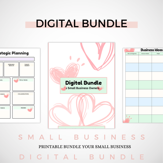 Digital bundle for small business owners with heart designs and planning tools.