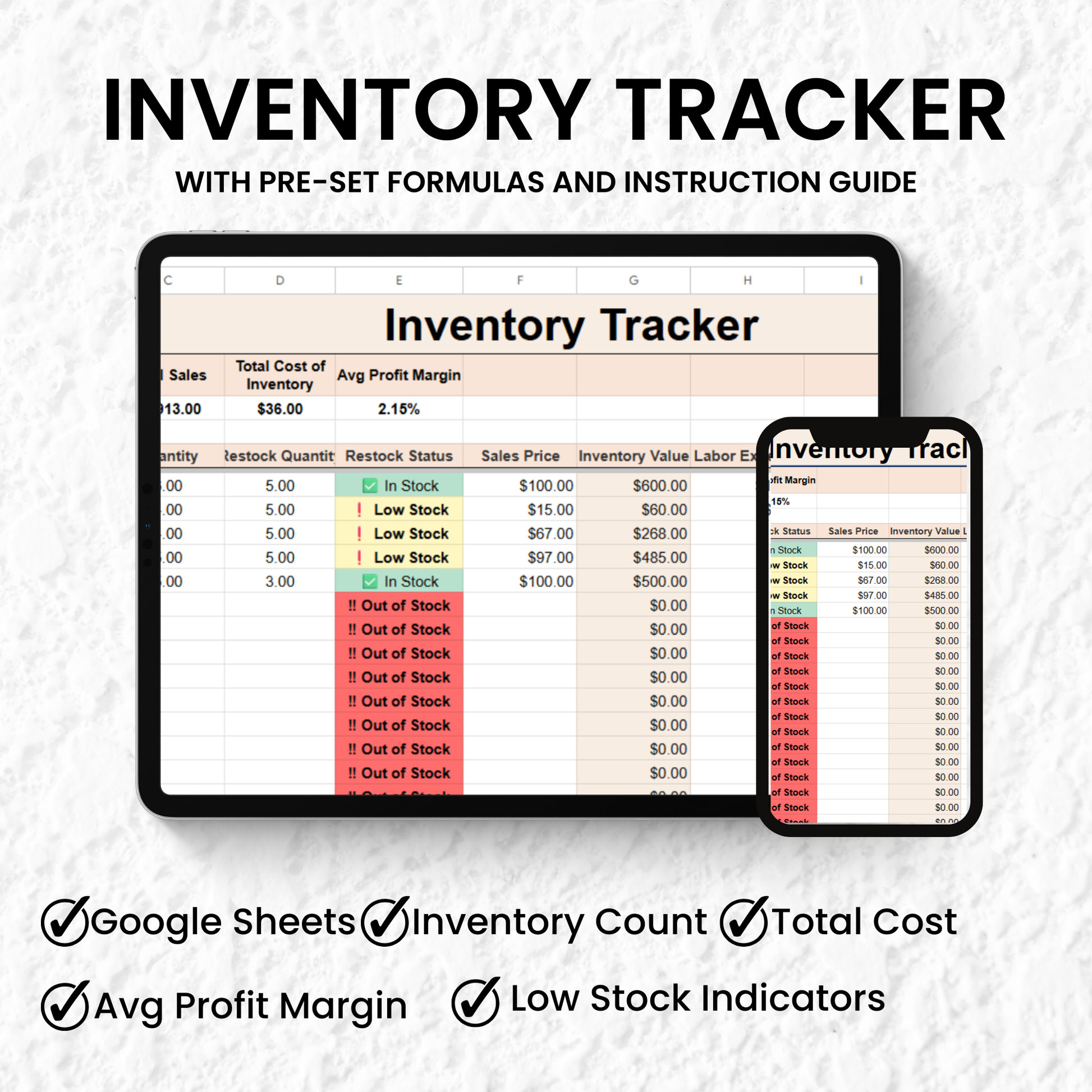 Inventory tracker with pre-set formulas and instruction guide on a light gray background