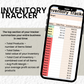 Phone displaying an inventory tracking app with text explaining features.
