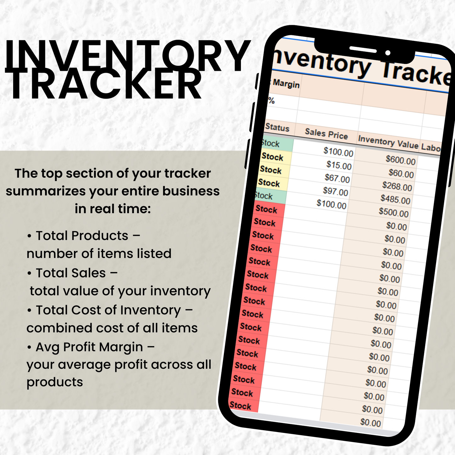 Phone displaying an inventory tracking app with text explaining features.