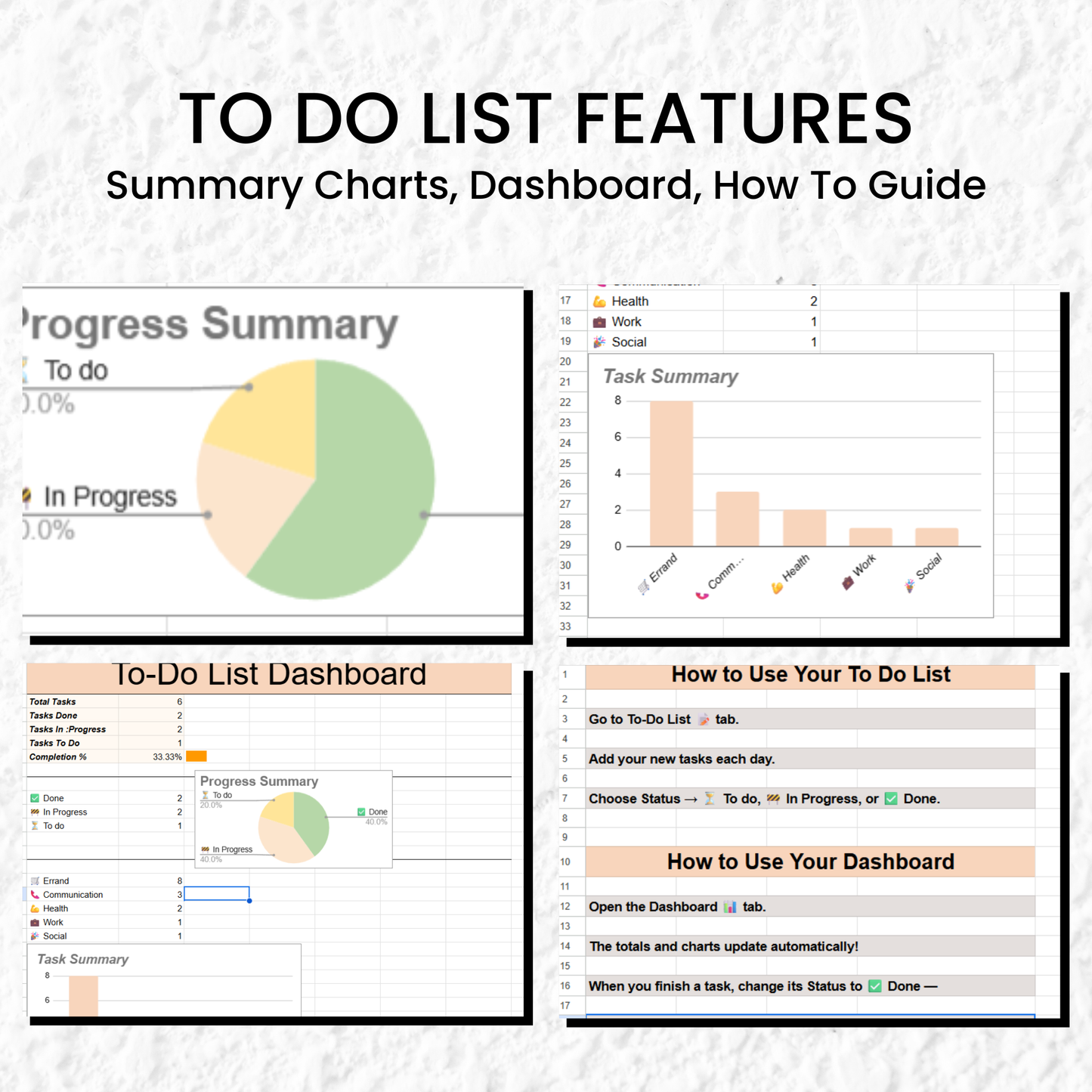 Set of six planner sheets with various sections on a white background