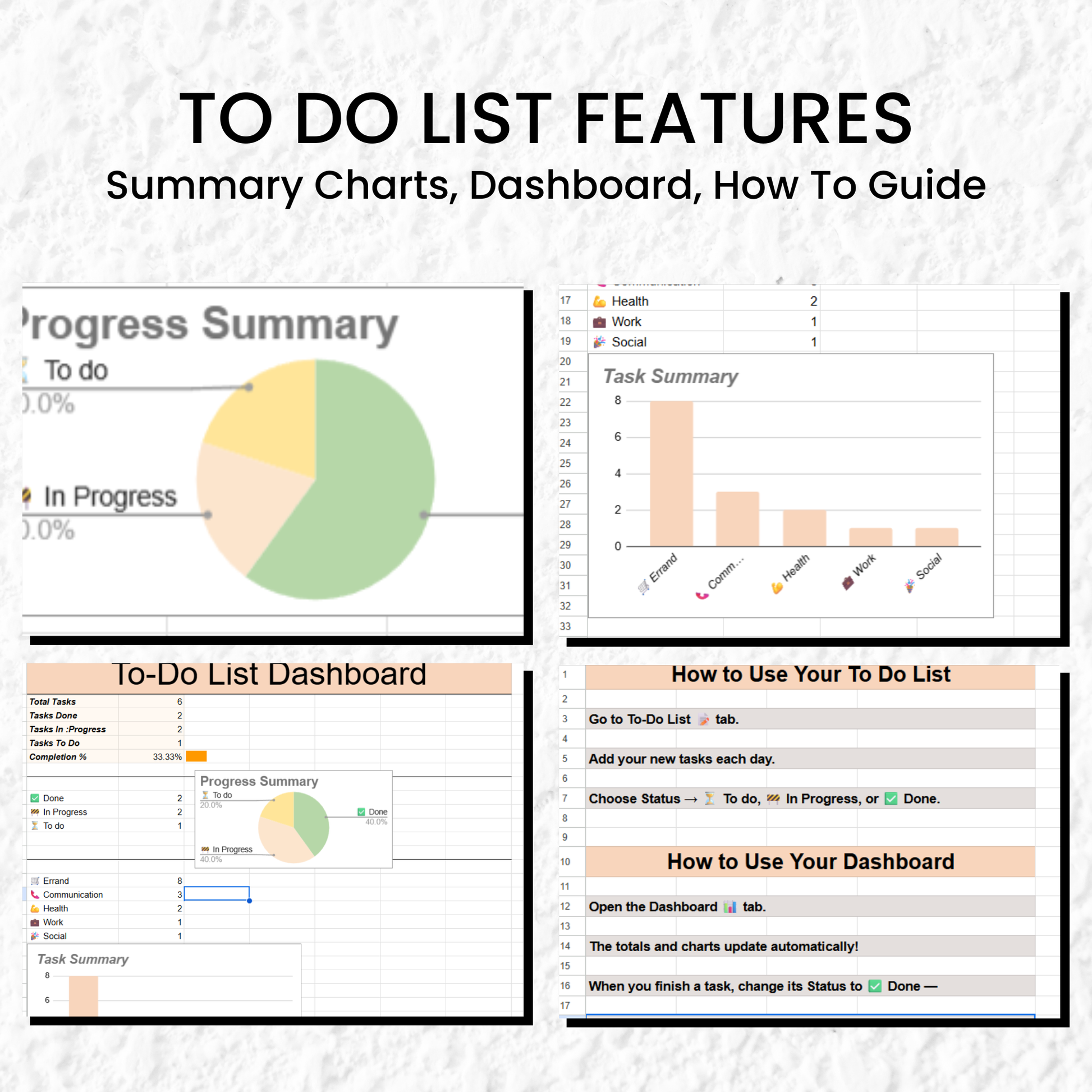 Set of six planner sheets with various sections on a white background