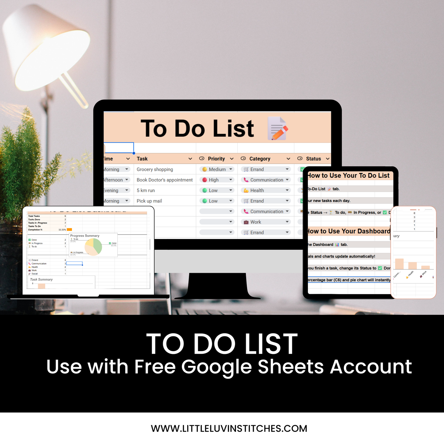 Computer monitor displaying a to-do list with a desk and lamp in the background