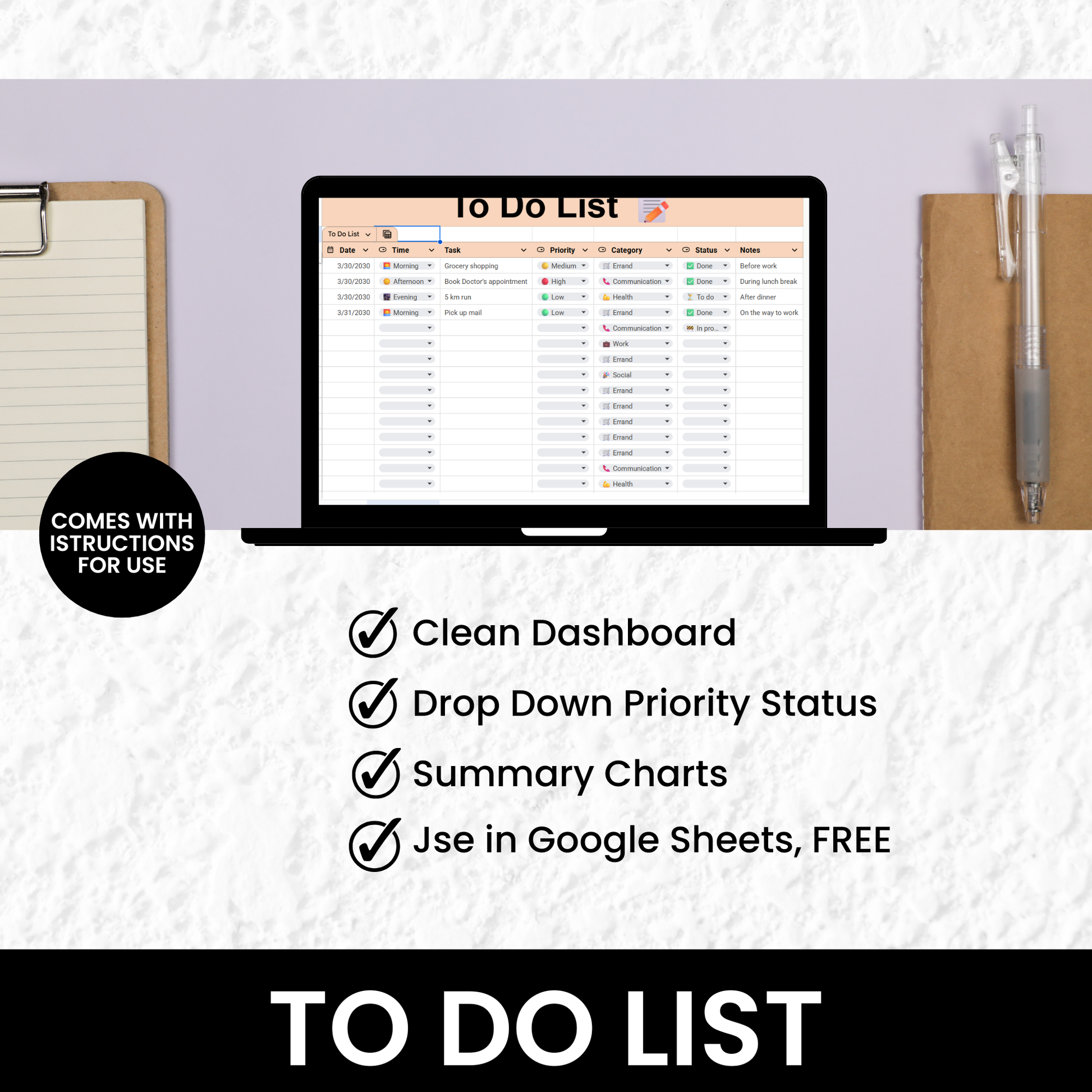 Computer screen displaying a to-do list with office supplies on a desk.