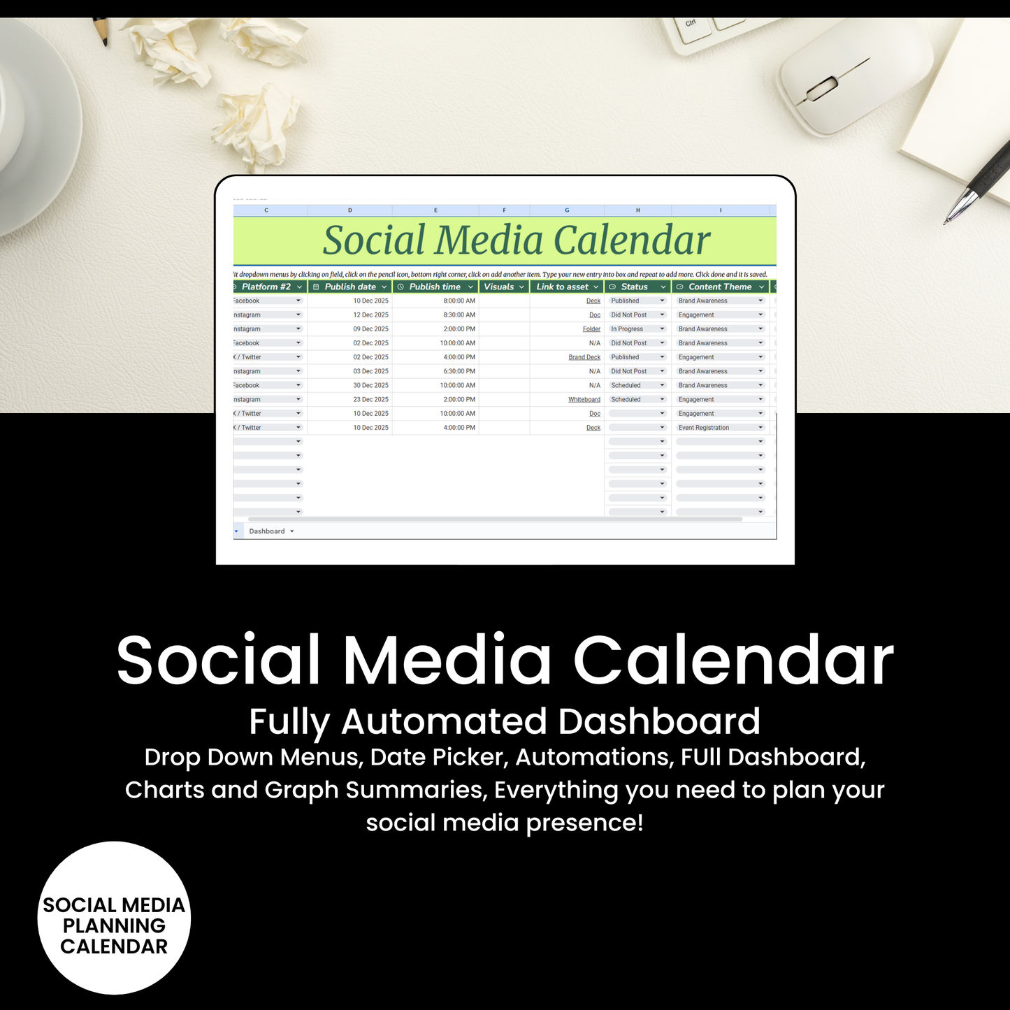 Social Media Calendar on a computer screen with a desk background