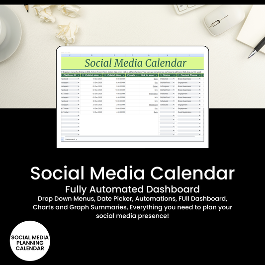 Social Media Calendar on a computer screen with a desk background