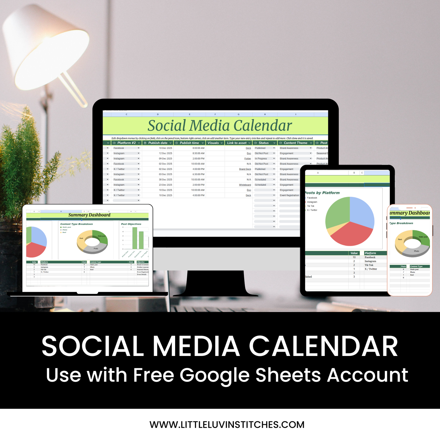 Computer monitor and tablet displaying a social media calendar with graphs on a desk.