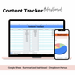 Computer screen and smartphone displaying a content tracker and dashboard with Google Sheets features.