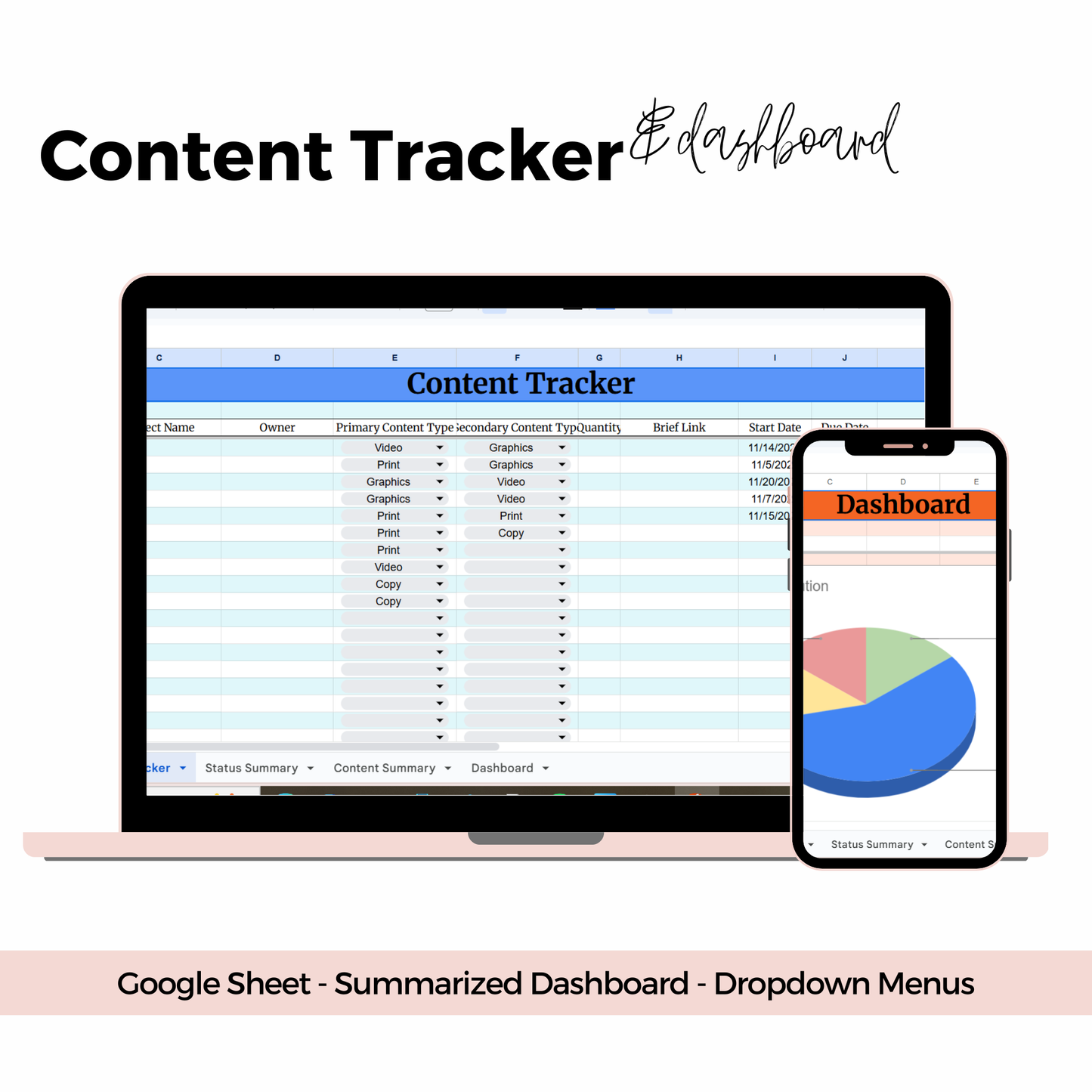 Computer screen and smartphone displaying a content tracker and dashboard with Google Sheets features.