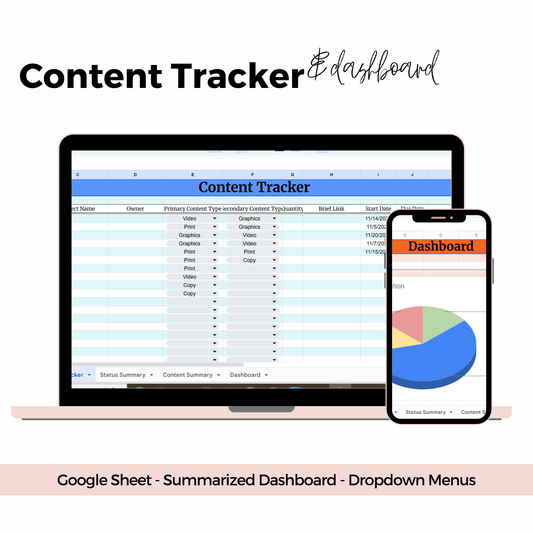 Computer screen and smartphone displaying a content tracker and dashboard with Google Sheets features.