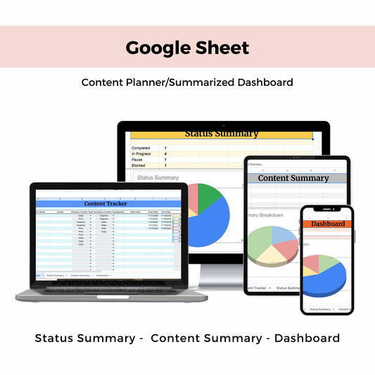 Google Sheets content planner with various summaries and dashboards displayed on screens.
