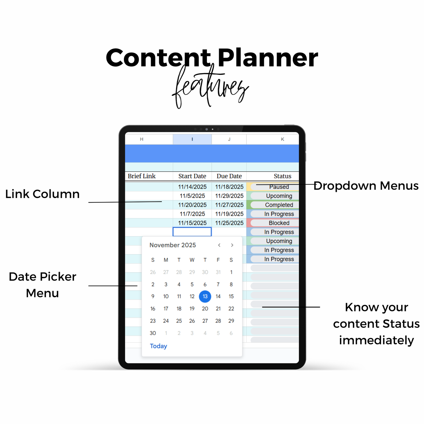 Digital content planner app on a tablet with features highlighted