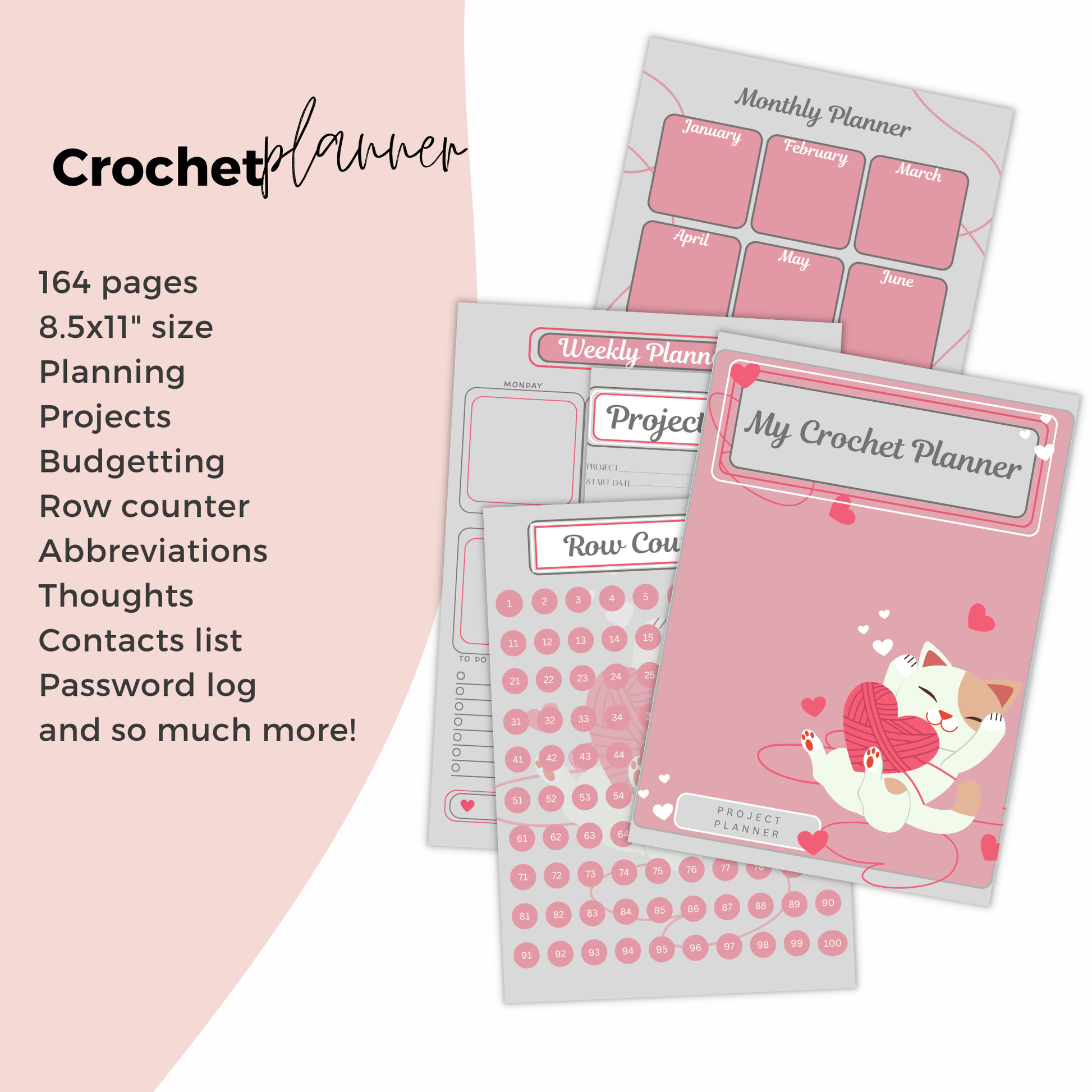 Craft business planner with various pages on a light pink background