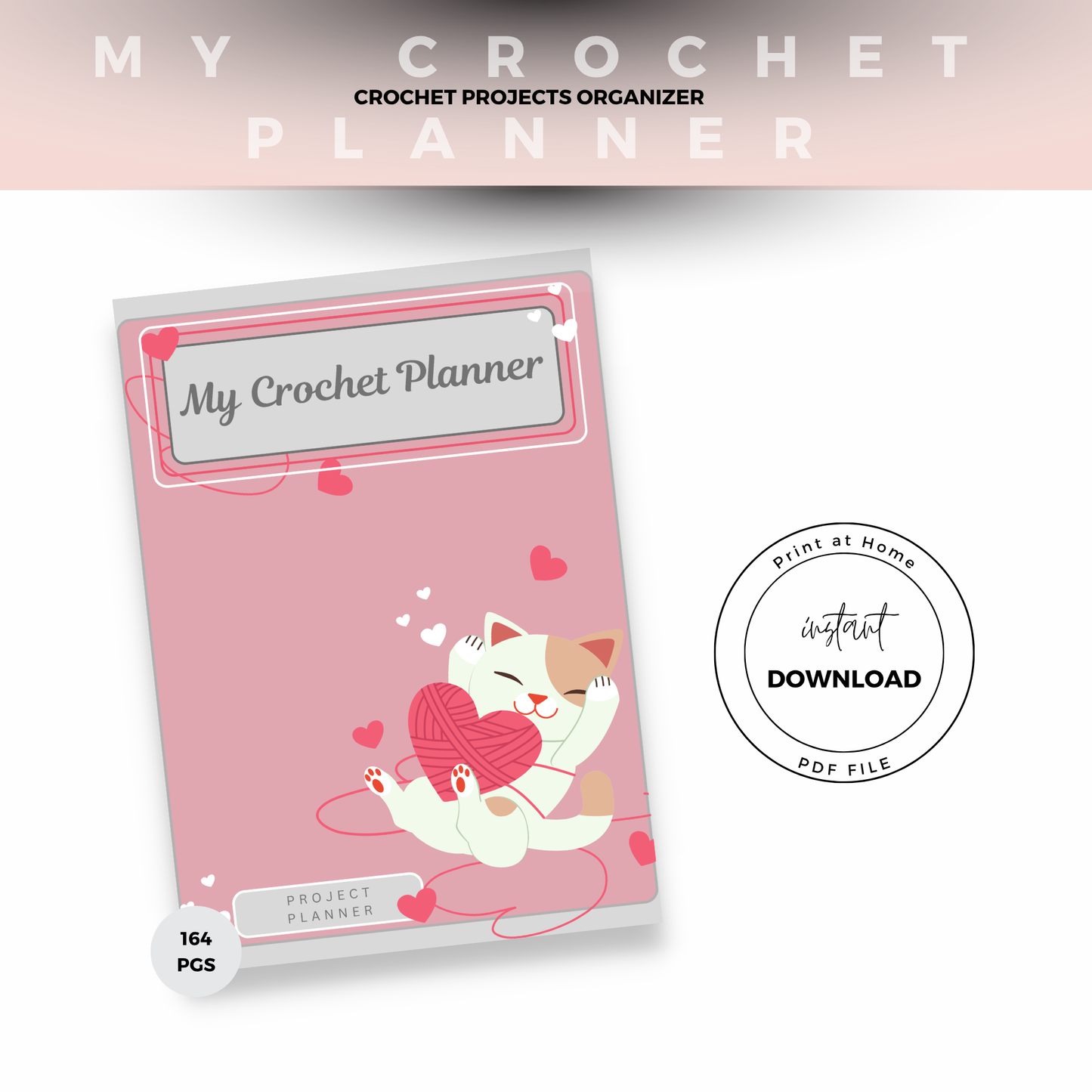 Crochet planner with a cat illustration on a pink background