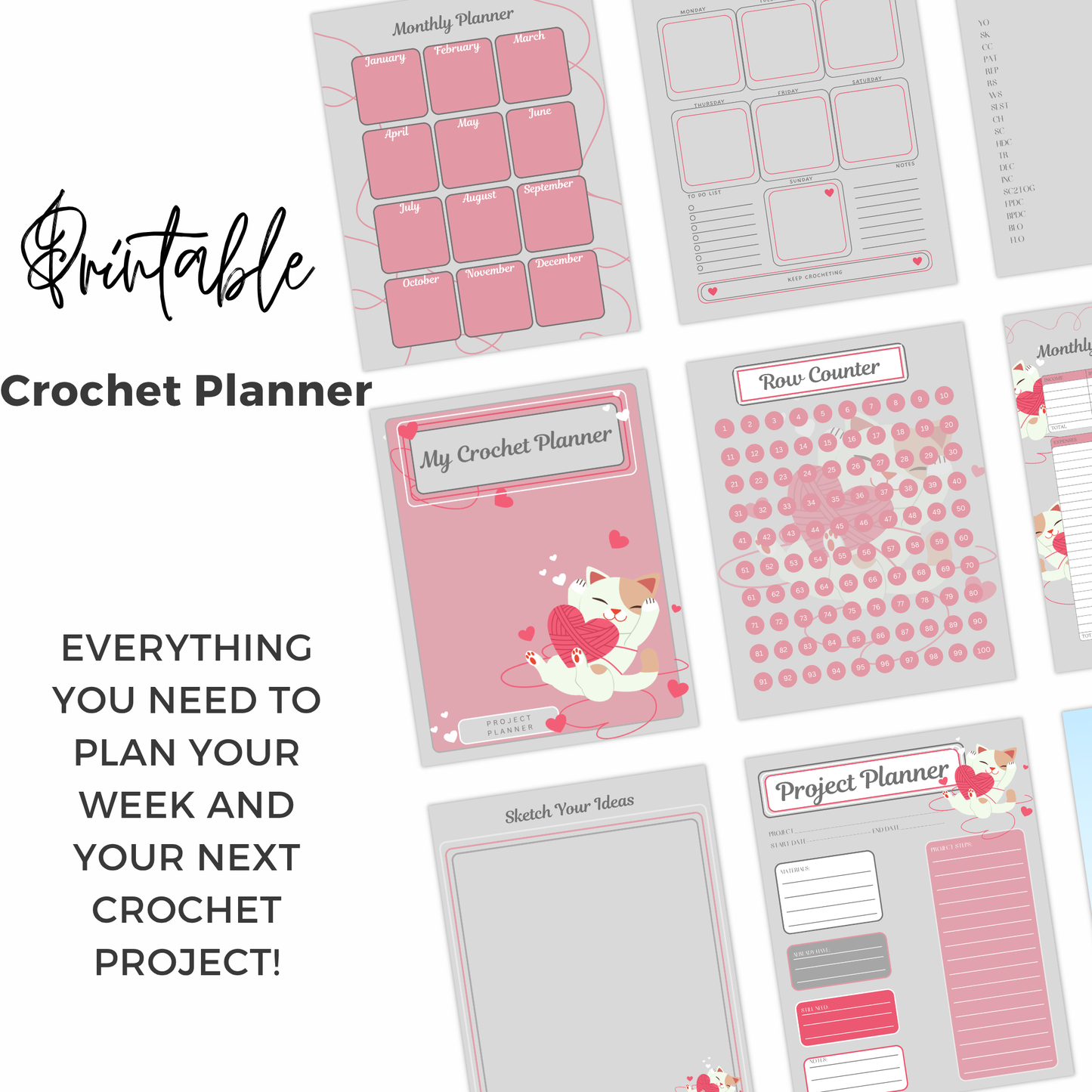 Collection of crochet planner sheets with pink and white designs on a white background.