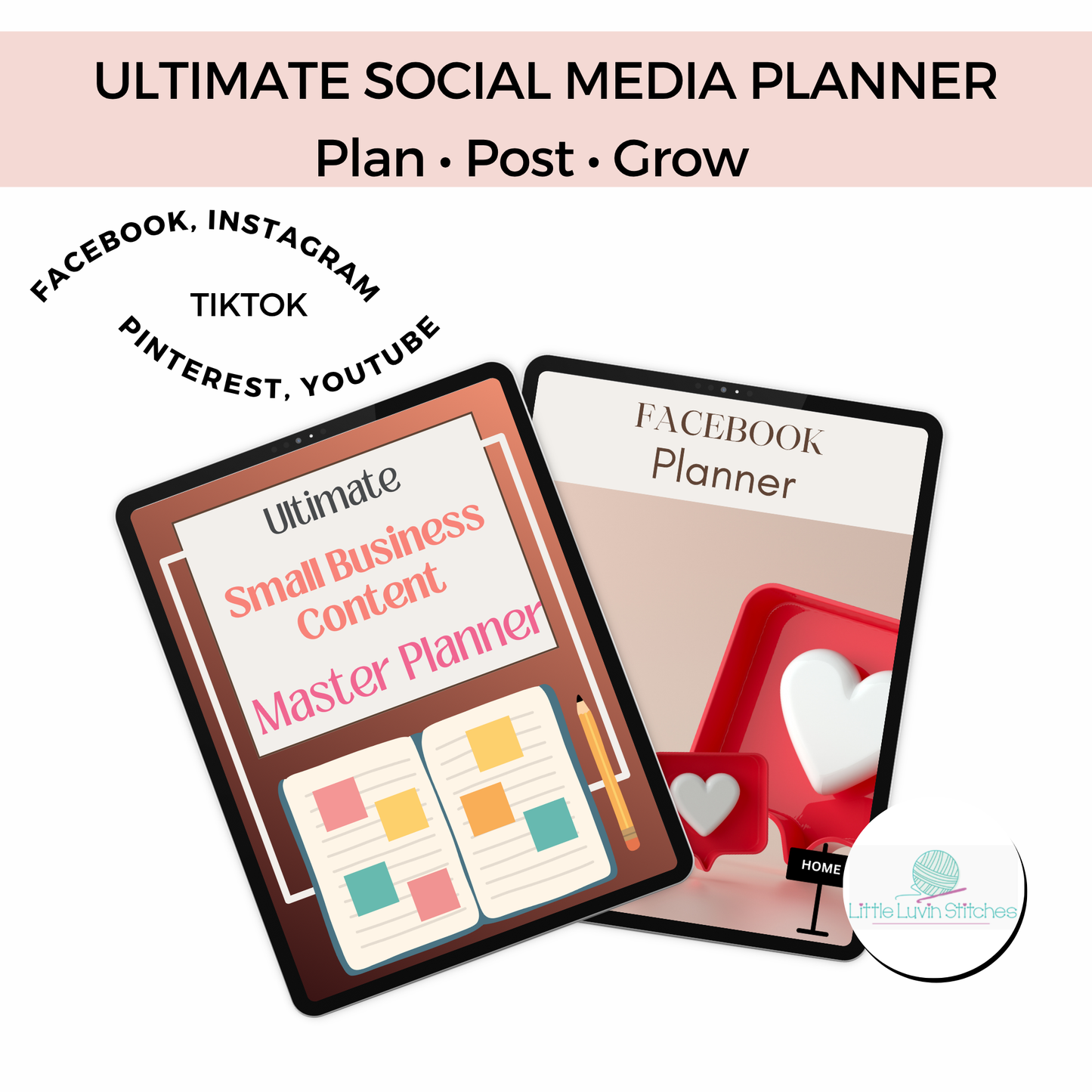 Two tablets displaying social media planning tools with text 'Ultimate Social Media Planner' and 'Small Business Content Master Planner'.