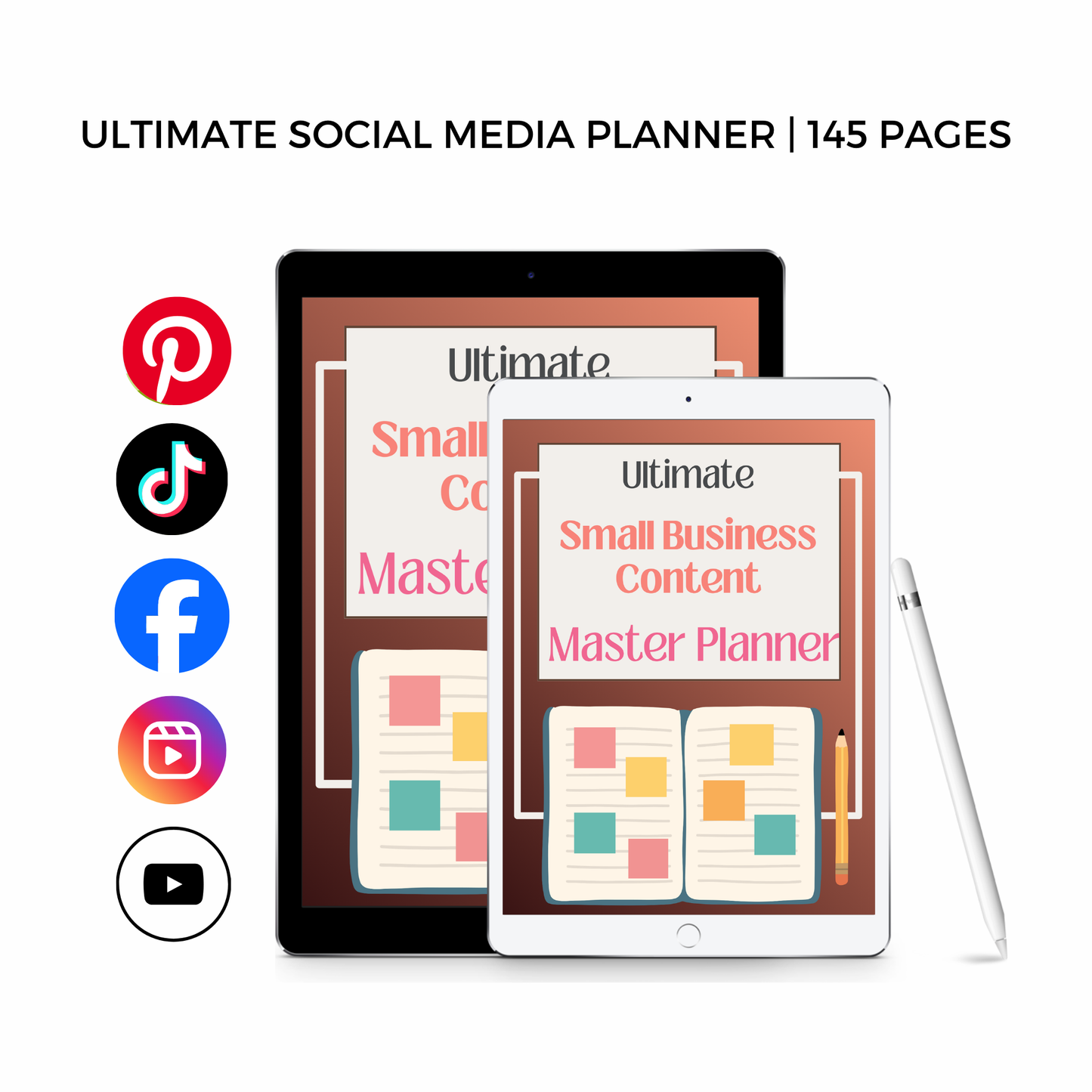 Ultimate Social Media Planner on a tablet with social media icons around it