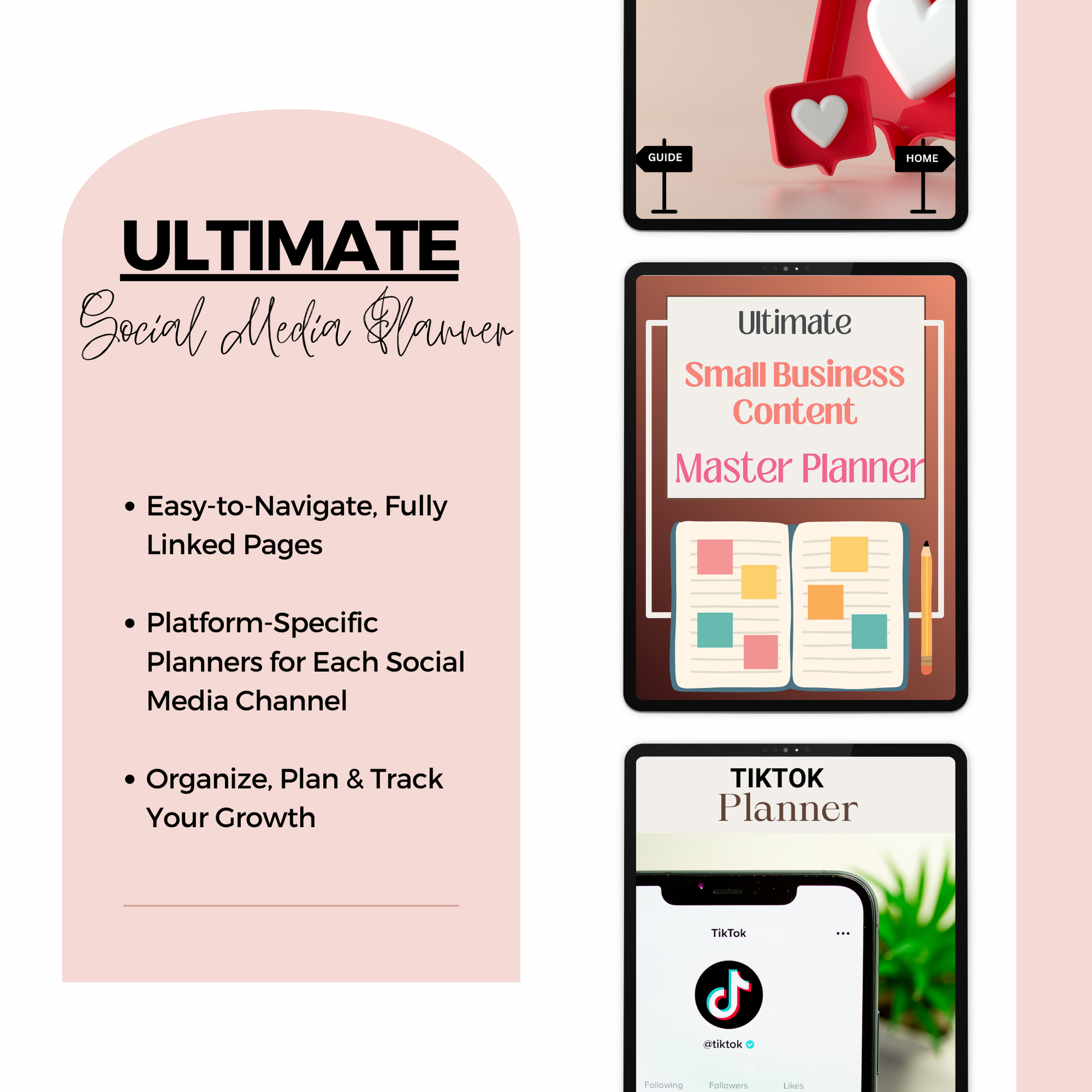Promotional graphic for 'Ultimate Social Media Planner' with text and images of planner apps.