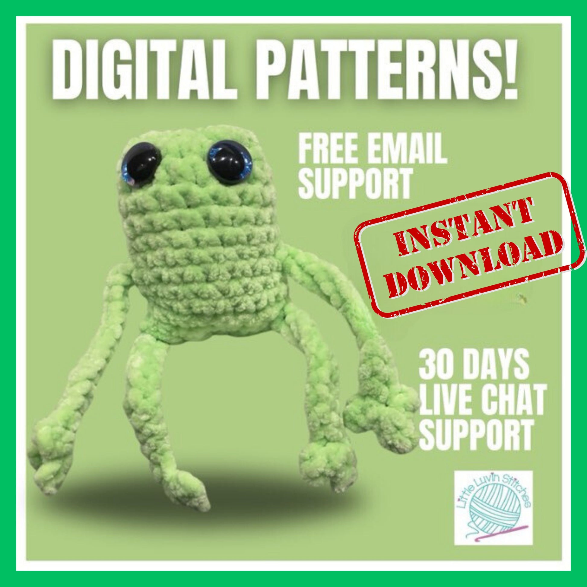 Digital Pattern, Fred the Long Leggy Frog Digital Pattern, DIY Digital Pattern With Live Chat Support