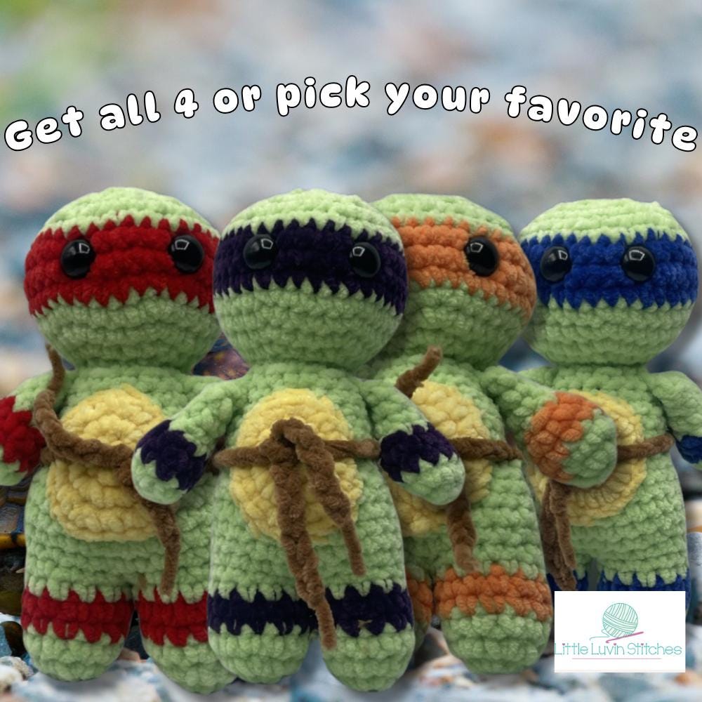 Ninja Hand Crocheted Plushie, Set of Four, Buy Together or Separately, Childs Favorite Character, Crocheted Collectible Doll